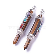 Chakra Jewelry, Natural Tiger Eye Pendants, with Brass Findings and Natural & Synthetic Mixed Stone, Hexagonal Prisms, Platinum, 84x14x16mm, Hole: 5x8mm(G-E523-01C)
