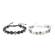 2Pcs 2 Color Natural Lava Rock & Synthetic Hematite Braided Bead Bracelets Set with Rhinestone Disco Ball, Essential Oil Gemstone Jewelry for Women, Mixed Color, Inner Diameter: 2-3/8~3-5/8 inch(5.9~9.1cm), 1Pc/color(BJEW-JB07896)