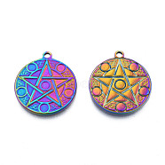 Ion Plating(IP) 201 Stainless Steel Pendants, Flat Round with Star, Rainbow Color, 28.5x25x2mm, Hole: 2mm(STAS-N098-214M)