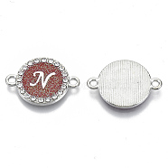 Alloy Enamel Links Connectors, with Crystal Rhinestones, Flat Round with Letter, Silver Color Plated, Letter.N, 22x16x2mm, Hole: 1.8mm(ENAM-TAC0003-01S-05N)
