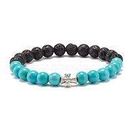 Round Synthetic Turquoise & Natural Lava Rock Stretch Bracelet, Oil Diffuser Power Stone Bracelet with Cross Beads for Women, Antique Silver, Inner Diameter: 2-1/8 inch(5.5cm)(BJEW-JB07470-03)
