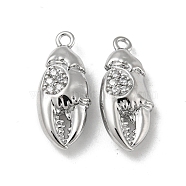 Brass Micro Pave Clear Cubic Zirconia Pendants, Crab Claw Charms, Real Platinum Plated, 19x8x5mm, Hole: 1.4mm(KK-H460-32P)