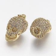 Brass Micro Pave Cubic Zirconia Charms, Skull, Golden, 10x11x15.5mm, Hole: 3mm(ZIRC-F041-07G)