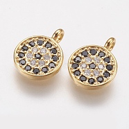 Brass Micro Pave Cubic Zirconia Charms, Flat Round, Black, Golden, 8x1.5mm, Hole: 1.5mm(ZIRC-G133-03G)
