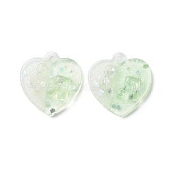 Two Tone Transparent Resin Pendants, with Glitter Powder, Heart Charm with Music Note Pattern, Honeydew, Pale Green, 20x20x5mm, Hole: 2mm(RESI-C019-01C)