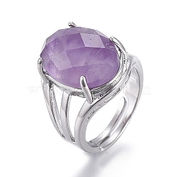 Adjustable Faceted Natural Amethyst Finger Rings, with Platinum Brass Findings, Oval, Size 8, Inner Diameter: 18mm(RJEW-I068-B09-1)
