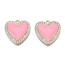 Rack Plating Alloy Enamel Pendants, with Crystal Rhinestone, Cadmium Free & Nickel Free & Lead Free, Light Gold, Heart, Pink, 21x21x2.5mm, Hole: 1.8mm(ENAM-S126-141E)