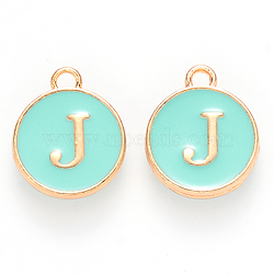 Golden Plated Alloy Enamel Charms, Cadmium Free & Lead Free, Enamelled Sequins, Flat Round with Letter, Turquoise, Letter.J, 14x12x2mm, Hole: 1.5mm(ENAM-S118-05J)