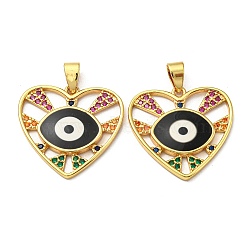 Real 18K Gold Plated Brass Pendants, with Cubic Zirconia and Enamel, Heart with Evil Eye Charms, Aquamarine, 24x25x3mm, Hole: 4.5x3.5mm(KK-L209-011G-01)