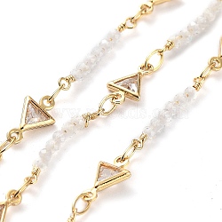 Handmade Triangle Brass Link Chains, with Glass Beaded, with Spool, Soldered, Real 18K Gold Plated, Triangle Link: 9.8x5x2mm, about 16.40 Feet(5m)/Roll(KK-F871-52G)