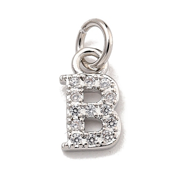 Initial Letter Brass with Cubic Zirconia Charms, Platinum, Long-Lasting Plated, Lead Free & Cadmium Free, Letter B, 10x5.5x1.5mm, ring: 5x1mm, inner diameter: 3mm