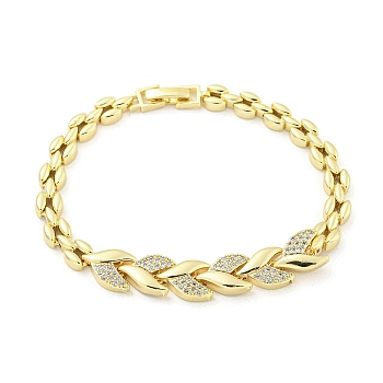 Brass Micro Pave Clear Cubic Zirconia Leaf Link Chain Bracelets for Women, Golden, 7-3/8 inch(18.6cm)