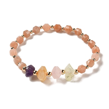 Faceted Natural Sunstone Stretch Beaded Bracelets, Nuggets Natural Citrine & Amethyst & Rose Quartz & Rutilated Quartz Bracelets for Women Men, Real 14K Gold Plated, Inner Diameter: 2-1/4 inch(5.55cm)