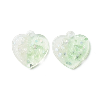 Two Tone Transparent Resin Pendants, with Glitter Powder, Heart Charm with Music Note Pattern, Honeydew, Pale Green, 20x20x5mm, Hole: 2mm