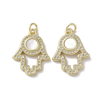 Brass Micro Pave Cubic Zirconia Pendants, with Shell, Hamsa Hand, Real 18K Gold Plated, 22x16.5x2.5mm, Hole: 3mm