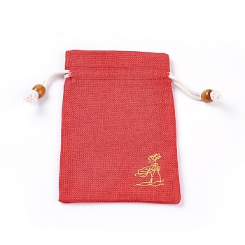 Burlap Packing Pouches, Drawstring Bags, with Wood Beads, Red, 14.6~14.8x10.2~10.3cm