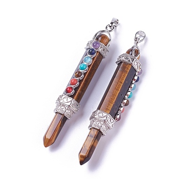 Chakra Jewelry, Natural Tiger Eye Pendants, with Brass Findings and Natural & Synthetic Mixed Stone, Hexagonal Prisms, Platinum, 84x14x16mm, Hole: 5x8mm