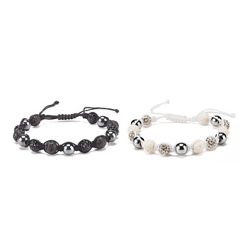 2Pcs 2 Color Natural Lava Rock & Synthetic Hematite Braided Bead Bracelets Set with Rhinestone Disco Ball, Essential Oil Gemstone Jewelry for Women, Mixed Color, Inner Diameter: 2-3/8~3-5/8 inch(5.9~9.1cm), 1Pc/color