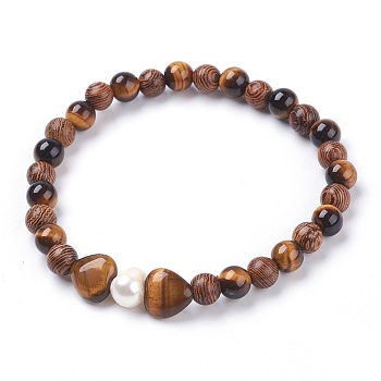 Natural Tiger Eye Stretch Bracelets, with Grade B Pearl Beads and Wood Beads, 2 inch(5.2cm)~2-1/8 inch(5.4cm)