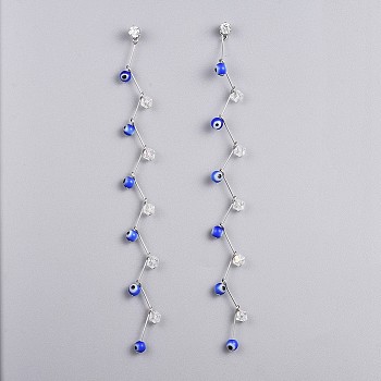 Handmade Evil Eye Lampwork Beads Dangle Earrings, with 304 Stainless Steel Findings, Cubic Zirconia and Glass Beads, Blue, 115mm, Pin: 0.7mm