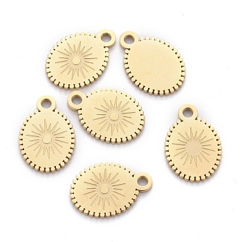 Ion Plating(IP) 304 Stainless Steel Charms, Laser Cut, Oval with Sun, Golden, 12.5x8.5x0.8mm, Hole: 1.5mm