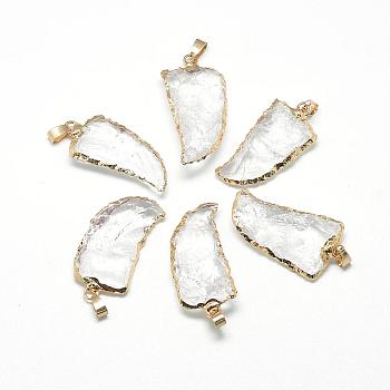 Natural Quartz Crystal Pendants, with Brass Findings, Golden, 40~65x15~25x5~15mm, Hole: 7x4mm