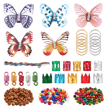 DIY Hair Styling Tools, with Iron Open Jump Rings, Acrylic European Beads, Natural Wood Beads, Aluminum Hair Coil Cuffs and Hair Braiding String, Mixed Color, 457pcs/set, Ring: 40pcs/set, Beads: 300pcs/set, Cuffs: 105pcs/ste, Braiding String: 12pcs/set