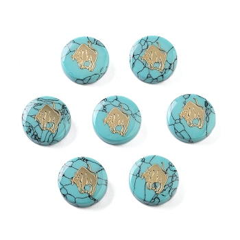 Synthetic Turquoise Beads, with Golden Tone Brass Slices, Flat Round with Constellations, Taurus, 15x5mm, Hole: 1mm