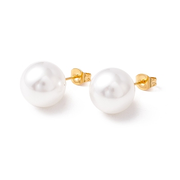 6 Pair Shell Pearl Round Ball Stud Earrings, 304 Stainless Steel Post Earrings for Women, White, Golden, 24x12mm, Pin: 1mm