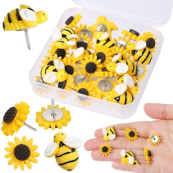Resin Pins, with Steel Drawing Push Pins, for Photos Wall, Maps, Bulletin Board, Bees & Sunflower, Yellow, 75x75x25mm, 30pcs/box