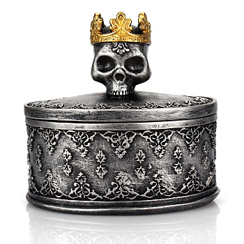 Halloween Skull Resin Jewelry Storage Boxes, Round Case for Earrings, Rings, Bracelets, Tabletop Decoration, Gray, 5.5x8x7.5cm