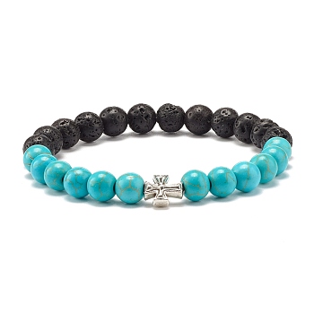 Round Synthetic Turquoise & Natural Lava Rock Stretch Bracelet, Oil Diffuser Power Stone Bracelet with Cross Beads for Women, Antique Silver, Inner Diameter: 2-1/8 inch(5.5cm)