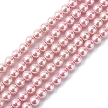 Grade A Glass Pearl Beads, Pearlized, Round, Flamingo, 6mm, Hole: 0.7~1mm, about 68pcs/Strand, 16''(40.64cm)