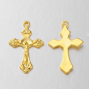 Tibetan Style Alloy Pendants, For Easter, Lead Free & Cadmium Free & Nickel Free, Crucifix Cross Pendant, Golden, Size: about 33.5mm long, 20.5mm wide, 2.5mm thick, hole: 2mm