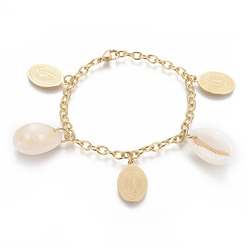 304 Stainless Steel Charm Bracelets, with Natural Cowrie Shell, Oval with Virgin Mary, Golden, 7-3/4 inch(19.6cm), 4mm