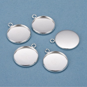 304 Stainless Steel Pendant Cabochon Settings, Plain Edge Bezel Cups, Flat Round, Silver, 24x20x2mm, Hole: 2.2mm