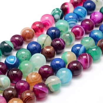 Natural Striped Agate/Banded Agate Bead Strands, Round, Dyed & Heated, Colorful, 10mm, Hole: 1mm, about 37~38pcs/strand, 14.5 inch
