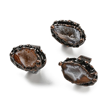 Raw Irregular Natural Druzy Agate Open Cuff Rings, Red Copper Tin Oval Ring, Cadmium Free & Lead Free, Inner Diameter: 18~18.5mm