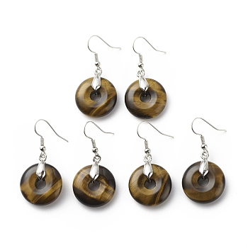 Natural Tiger Eye Donut Dangle Earrings, Platinum Plated Brass Jewelry for Women, Cadmium Free & Lead Free, 41mm, Pin: 0.6mm