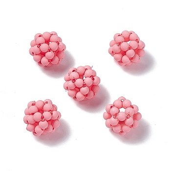 Handmade Plastic Woven Beads, Frosted Round, Flamingo, 15mm, Hole: 3mm