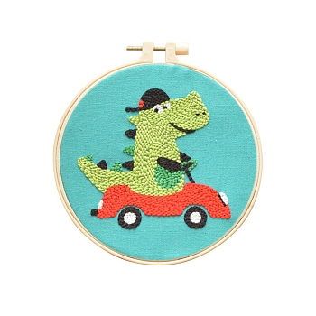 Animal Theme DIY Display Decoration Punch Embroidery Beginner Kit, Including Punch Pen, Needles & Yarn, Cotton Fabric, Threader, Plastic Embroidery Hoop, Instruction Sheet, Dinosaur, 155x155mm
