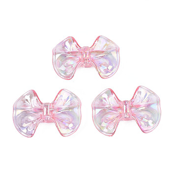 Transparent Acrylic Beads, Rainbow Color Plated, Bowknot, Pink, 23x31x9mm, Hole: 2.5mm