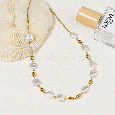 Collar de cuentas redondas planas y cuadradas de perlas naturales con cadenas de acero inoxidable para mujer(SX4591-1)-2