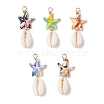Dyed Synthetic Turquoise & Natural Cowrie Shell Pendants, Starfish Copper Wire Wrapped Charms, Golden, Mixed Color, 32.5x14x7mm, Hole: 3mm(PALLOY-JF03932-S)