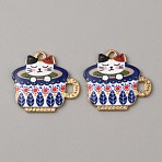 Alloy Enamel Pendants, Golden, Cartoon Tea Cup with Cat Charm, Blue, 20x22.5x1.5mm, Hole: 1.6mm(ENAM-WH0061-30E)