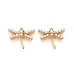 304 Stainless Steel and ABS Imitation Pearl Dragonfly Charms, Ion Plating(IP), Real 18K Gold Plated, 13x15x3mm, Hole: 1.2mm(STAS-T072-66G)
