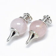 Natural Rose Quartz Pendants, with Platinum Tone Brass Findings and Iron Double Loops Jump Rings, Pendulum, 40.5x18mm, Hole: 6mm(G-T073-13M)