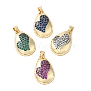 Rack Plating Brass Micro Pave Cubic Zirconia Pendants, Cadmium Free & Lead Free, Long-Lasting Plated, Real 18K Gold Plated, Teardrop with Heart, Mixed Color, 23x15x5mm, Hole: 5x3.5mm(KK-P241-26G)