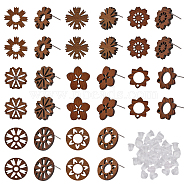 32Pcs 8 Style Leaf & Flower & Donut Walnut Wood Stud Earring Findings, with Hole and 304 Stainless Steel Pin and 40Pcs Plastic Ear Nuts, Tan, 17~18x17~18mm, Hole: 1.8mm, Pin: 0.7mm, 4Pcs/style(MAK-CA0001-17)