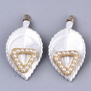 ABS Plastic Pendants, with ABS Plastic Imitation Pearl, Light Gold Plated Alloy Finding and Brass Loop, Leaf with Triangle, White, 34.5x18.5x5.5mm, Hole: 1.6mm(KY-T018-05)